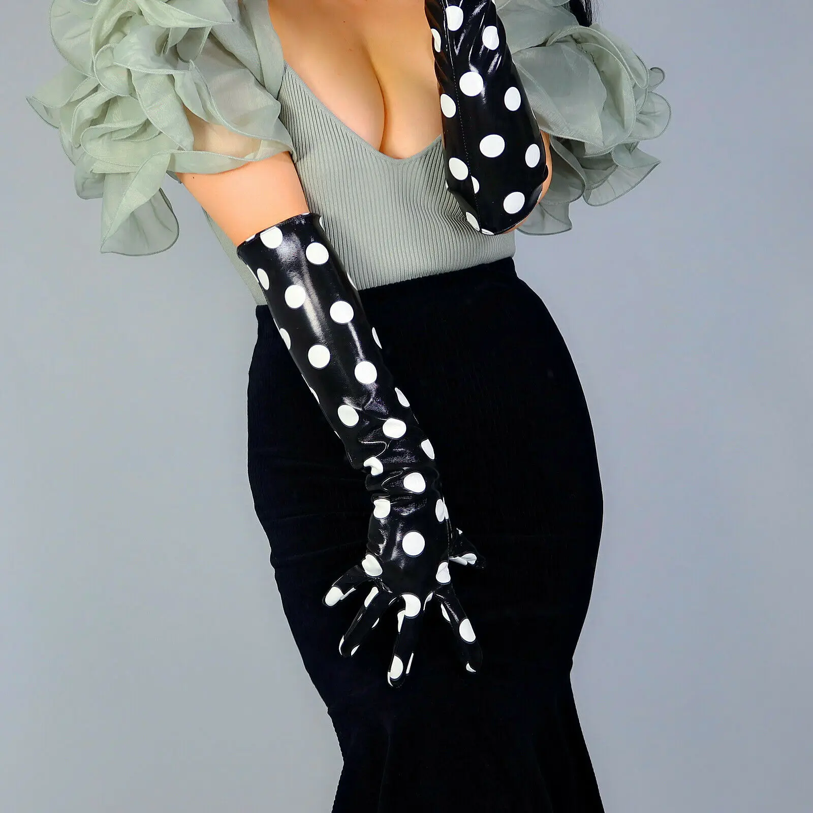 Patent Leather Shine - Black LATEX GLOVES Polka Dot Shine