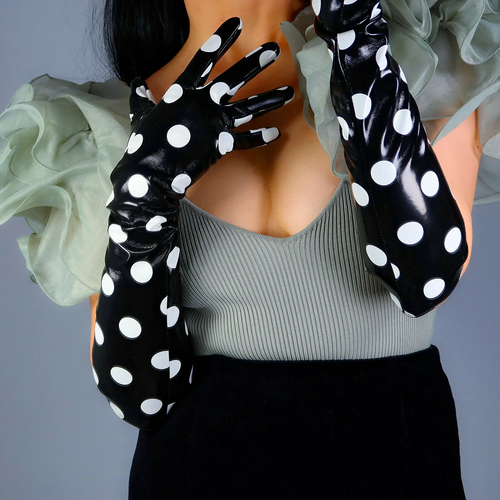 Black LATEX GLOVES Polka Dot S - Patent Leather Shine ulasan dan harga